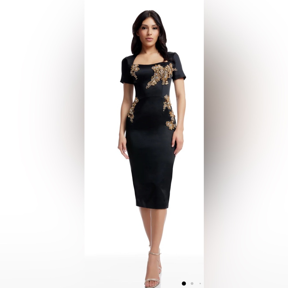 Terri Dress Dress the Population Black Midi Dress with Gold Detailing